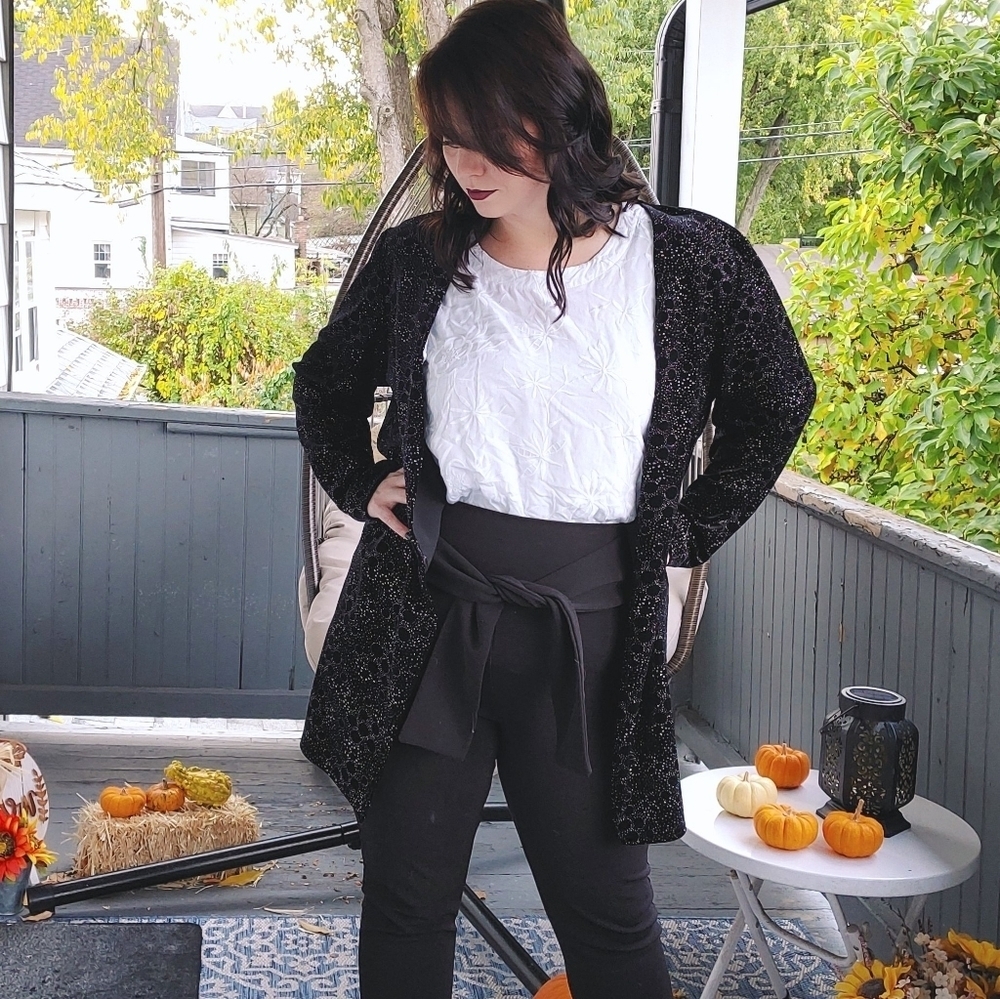 Onyx Nite Black Burnout Velvet Open Front Cardigan Size 8 Evening Wear - Picture 12 of 13